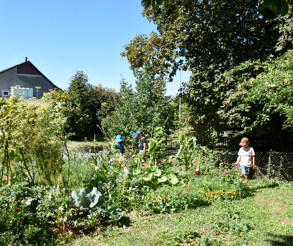 enfants dans le jardin de la ferme